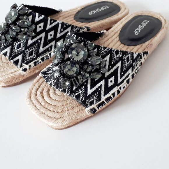 NWT Topshop black & white textile smoked crystal bejewelled flat slide sandals - Picture 9 of 12